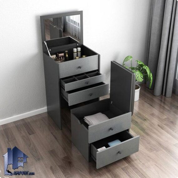 میز آرایش DJ562 دارای طراحی به صورت کمجا که به عنوان دراور، کنسول آینه دار، میز توالت و گریم با آینه تاشو در کنار سرویس خواب قرار میگیرد