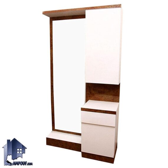آینه قدی SMJ219 دارای کمد و قفسه که به عنوان میز آرایش و توالت و گریم و آینه آرایشگاهی در منازل و سالن های آرایشگاه استفاده می‌شود