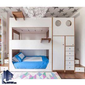 تخت خواب سه طبقه TBJ81 دارای کشو، کمد جالباسی و دراور که به عنوان تختخواب و سرویس خواب کمجا در اتاق نوجوان و بزرگسال استفاده می‌شود.