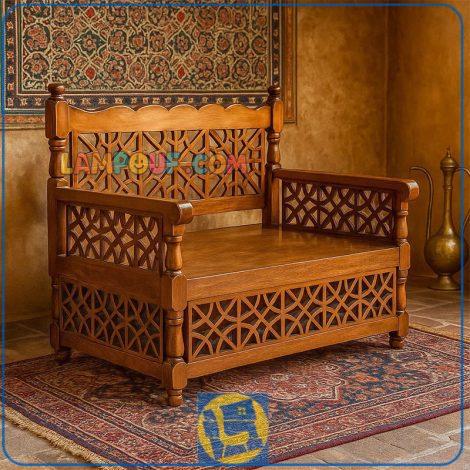 تخت سنتی دونفره TrK280 دارای گره چینی که به عنوان تخت چوب قهوه خانه ای و سفره خانه ای در فضای باز و رستوران و کافی شاپ استفاده میشود.