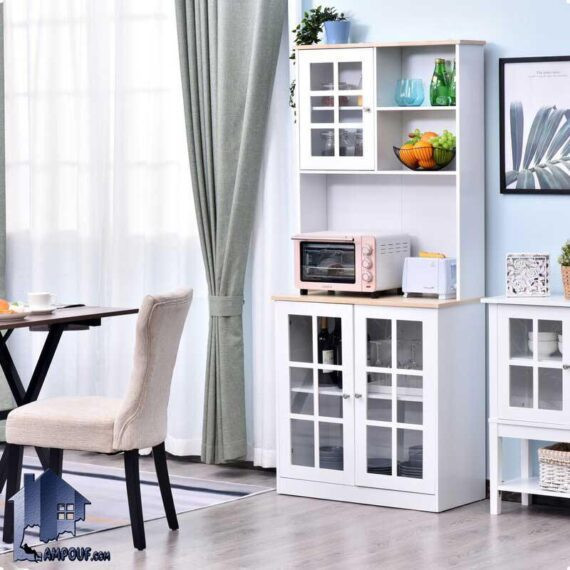 کابینت CSJ125 دارای قفسه و درب شیشه ای که به عنوان میز بار و قهوه ساز و ماکروفر (ماکروویو) در آشپزخانه و پذیرایی و کافی شاپ استفاده میشود