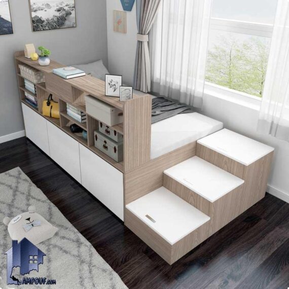 تخت خواب یک نفره SBJ189 دارای کتابخانه، قفسه، کشو و دراور و باکس که به عنوان تختخواب نوجوان و یکنفره در کنار سرویس خواب در اتاق قرار می‌گیرد