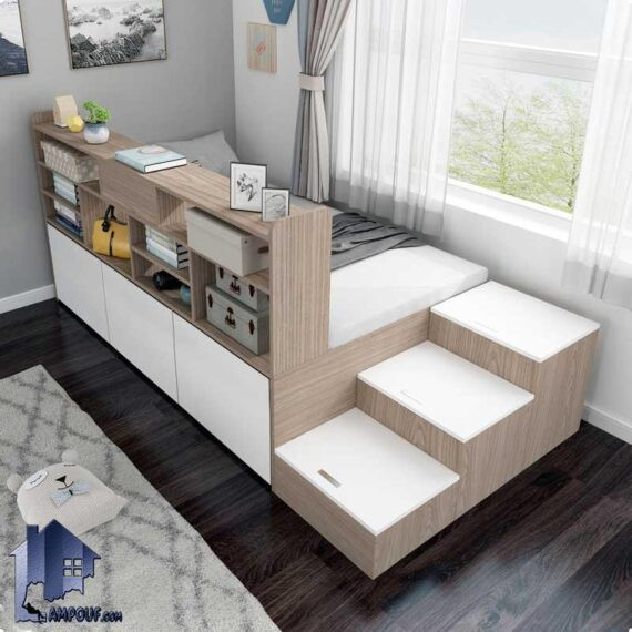 تخت خواب یک نفره SBJ189 دارای کتابخانه، قفسه، کشو و دراور و باکس که به عنوان تختخواب نوجوان و یکنفره در کنار سرویس خواب در اتاق قرار میگیرد