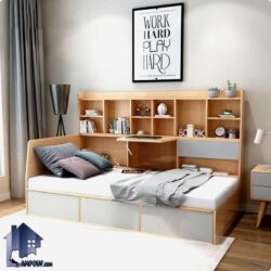 تخت خواب یک نفره SBJ192 دارای کتابخانه و دراور و کشو دار که به عنون تختخواب یکنفره کمجا در کنار سرویس خواب در اتاق خواب استفاده می‌شود.