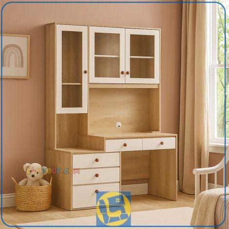 میز تحریر SDJ378 دارای کتابخانه درب شیشه ای به صورت ویترین و کشو و دراور دار که به عنوان میز کامپیوتر و لپ تاپ و گیمینگ و کار استفاده می‌شود.