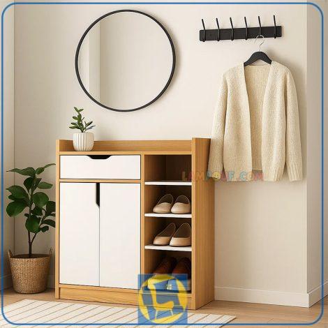 جاکفشی SHJ358 دارای کشو و قفسه که به عنوان کنسول و کمد کفش در قسمت ورودی منزل و در کنار سرویس خواب در اتاق خواب مورد استفاده قرار می‌گیرد.