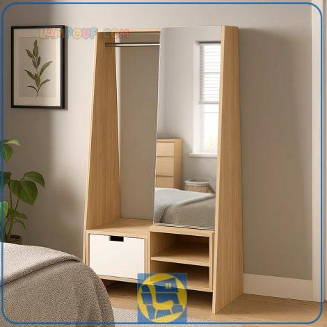 آینه قدی SMJ221 دارای قفسه و رگال آویز لباس کشو دار که به عنوان میز آرایش، توالت و گریم در کنار سرویس خواب در اتاق، سالن آرایش قرار میگیرد.