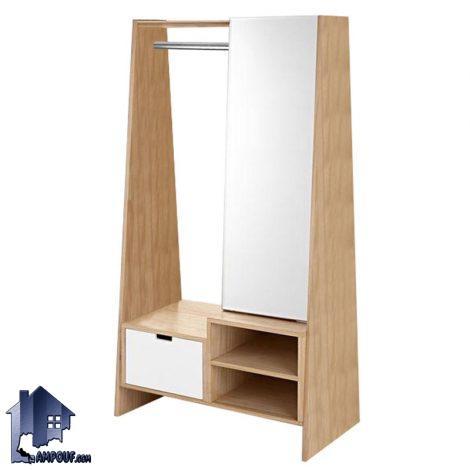 آینه قدی SMJ221 دارای قفسه و رگال آویز لباس کشو دار که به عنوان میز آرایش، توالت و گریم در کنار سرویس خواب در اتاق، سالن آرایش قرار می‌گیرد.