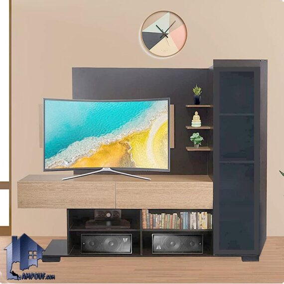 میز تلویزیون مدل TTJ100 دارای قفسه و درب جکدار داشبردی و درب ویترین شیشه ای که در قسمت تی وی روم و پذیرایی برای LCD و LED استفاده میشود