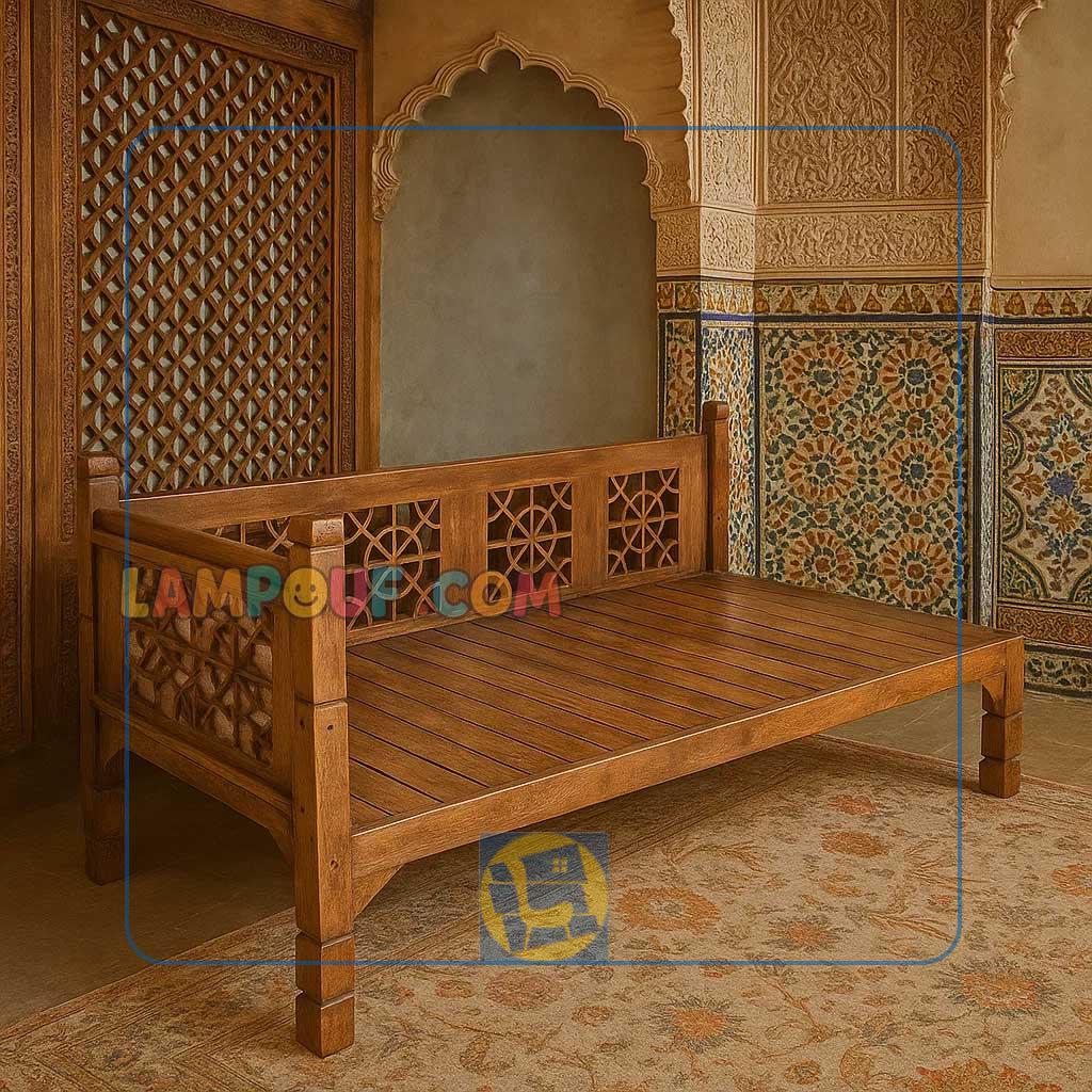 TrK292-1 تخت سنتی گوشه ای TrK292 به عنوان تخت چوبی باغی و دارای گره چینی که در منازل و فضای باز و قهوه خانه و رستوران و کافی شاپ استفاده میشود. از تخت سنتی چوبی در فضاهای مختلفی استفاده میشود.