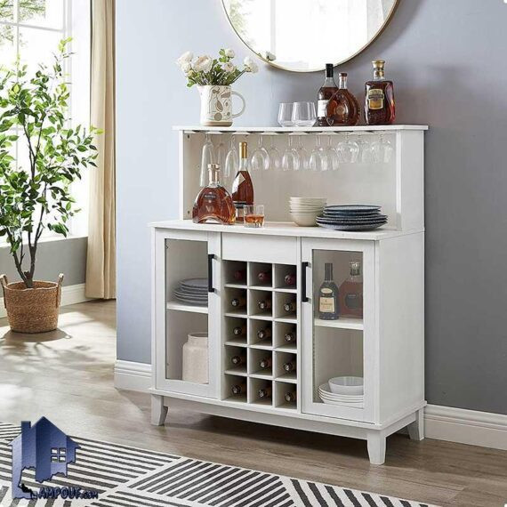 میز بار BTJ143 دارای درب شیشه ای و قفسه بطری که به عنوان کابینت کشو دار و میز قهوه ساز و ماکروفر در آشپزخانه و کافی شاپ قرار میگیرد.