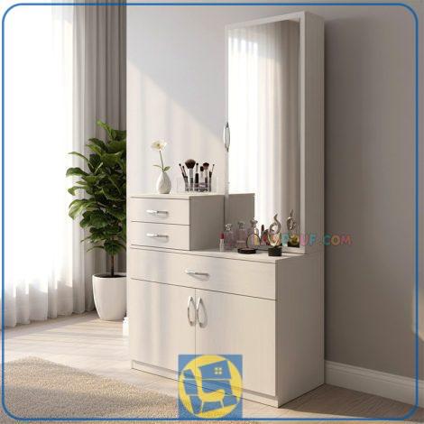 میز آرایش DJ579 دارای درب قفسه دار و درب آینه ای که به عنوان میز توالت و گریم و یا آینه قدی کشو دار در کنار سرویس خواب در اتاق قرار می‌گیرد.