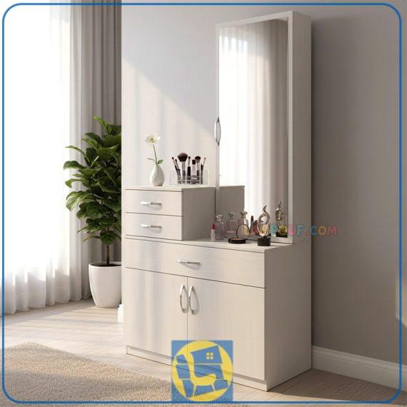 میز آرایش DJ579 دارای درب قفسه دار و درب آینه ای که به عنوان میز توالت و گریم و یا آینه قدی کشو دار در کنار سرویس خواب در اتاق قرار می‌گیرد.