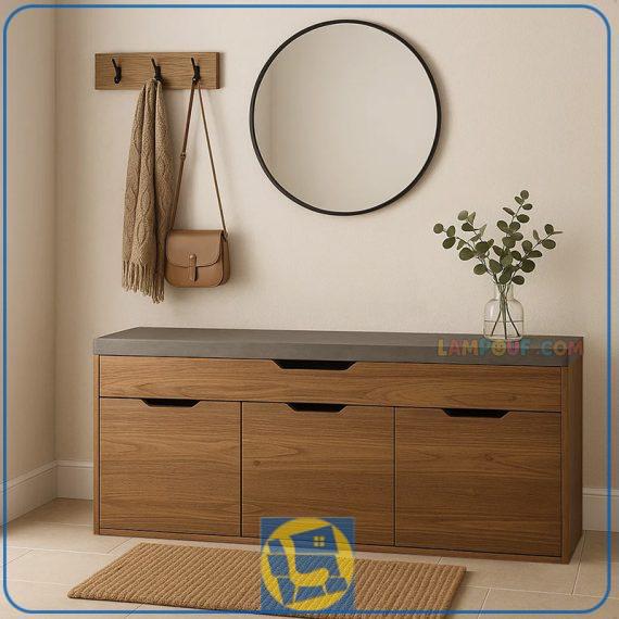 جاکفشی نیمکتدار SHJ365 دارای درب داشبوردی جکدار و باکس دار که به عنوان پاف و نیمکت در ورودی منزل یا اتاق در کنار سرویس خواب قرار می‌گیرد.