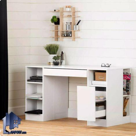 میز چرخ خیاطی SMDJ104 به صورت خانگی و کشو دار و قفسه دار که به عنوان میز تحریر و لپ تاپ و میز کار در کنار سرویس خواب در اتاق استفاده میشود
