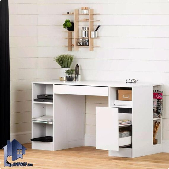 میز چرخ خیاطی SMDJ104 به صورت خانگی و کشو دار و قفسه دار که به عنوان میز تحریر و لپ تاپ و میز کار در کنار سرویس خواب در اتاق استفاده میشود