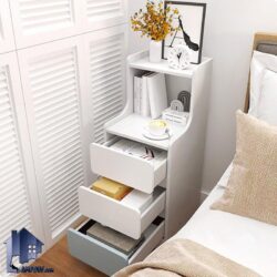 پاتختی BSTJ135 با سه کشو و قفسه دار که به عنوان دراور کوچک و میز تلفن و آباژور در کنار تختخواب و سرویس خواب در اتاق خواب استفاده میشود