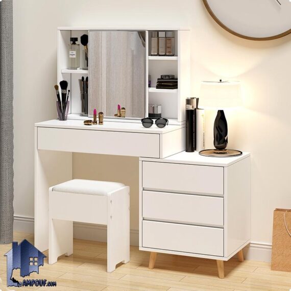 میز آرایش DJ588 دارای قفسه و کشو که به عنوان میز توالت و گریم و دراور کنسول آینه دار در کتار سرویس خواب در اتاق خواب استفاده می‌شود