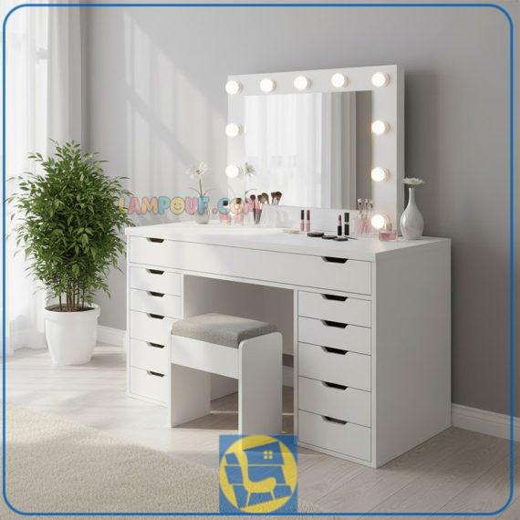 میز آرایش لامپ دار DJ591 دارای کشو دیوایدر دار که به عنوان میز گریم و توالت چراغ دار در کنار سرویس خواب در اتاق و سالن آرایشگاه قرار می‌گیرد. این میز آرایش دارای دو ردیف کشویی در قسمت کناره های میز می‌باشد.