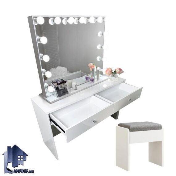 میز آرایش لامپ دار DJ593 به صورت دراور و کنسول آینه دار و میز گریم و توالت چراغ دار و کشو دار که در کنار سرویس خواب در اتاق استفاده می‌شود.