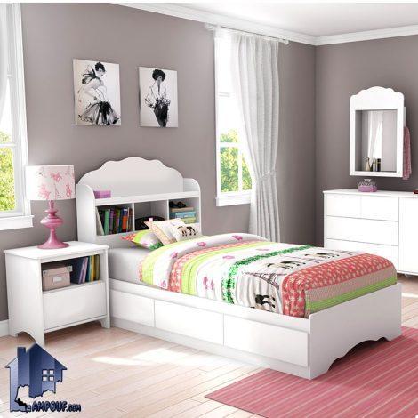 تخت خواب یک نفره SBJ204 دارای کشو و دراور و تاج قفسه دار که به عنوان تختخواب و باکس و سرویس خواب در اتاق نوجوان و بزرگسال استفاده می‌شود.
