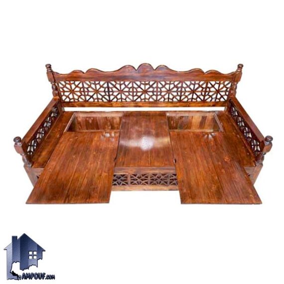 تخت سنتی باکس دار TrK297 به صورت چهار نفره و صندوق دار که به عنوان تخت چوبی باغی قهوه خانه ای در فضای باز منازل و کافی شاپ و ... قرار می‌گیرد.