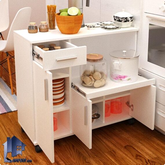 کابینت CSJ133 به صورت کشو دار و دارای میز کشویی و قفسه که به عنوان میز بار و قهوه ساز در آشپزخانه و پذیرایی و کافی شاپ استفاده می‌شود.