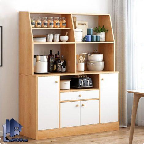 کابینت CSJ134 دارای کشو و قفسه و ویترین که به عنوان میز با و قهوه ساز و ماکروفر در آشپزخانه و پذیرایی و کافی شاپ و رستوران قرار می‌گیرد.