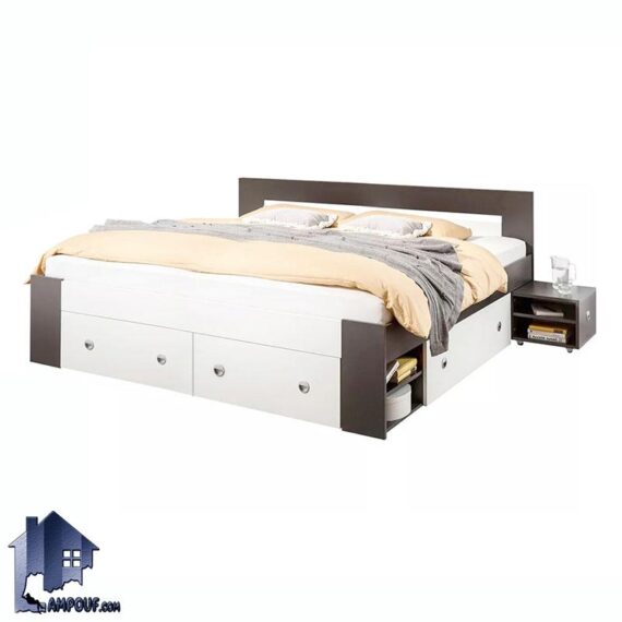 تخت خواب دو نفره DBJ183 دارای کشو و دراور و پاتختی کشویی که به عنوان سرویس خواب و تختخواب کمجا کینگ و کوئین در اتاق بزرگسال استفاده می‌شود.