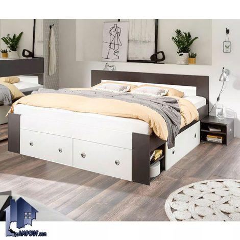 تخت خواب دو نفره DBJ183 دارای کشو و دراور و پاتختی کشویی که به عنوان سرویس خواب و تختخواب کمجا کینگ و کوئین در اتاق بزرگسال استفاده می‌شود.