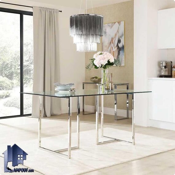 میز نهارخوری ساراما DTO217 با پایه فلزی گلد و سیلور و صفحه شیشه ای که به عنوان میز غذا خوری و ناهار خوری در آشپزخانه و پذیرایی قرار می‌گیرد.