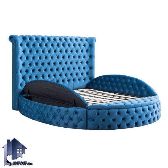 تخت خواب دو نفره DBD112 دارای پاف درب دار به صورت گرد و چستر که به عنوان ست تاج باکس و تختخواب دونفره کینگ و کوئین در اتاق قرار میگیرد.
