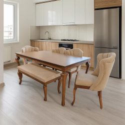 ست میز نهارخوری DTB80 چوبی به همراه صندلی که به عنوان ناهار خوری و غذا خوری در آشپزخانه و پذیرایی و کافی شاپ و رستوران استفاده می‌شود.