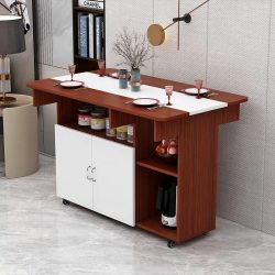 میز نهارخوری تبدیلی DTJ79 به صورت تاشو کمجا به عنوان کابینت و میز بار قفسه دار و چرخ دار در آشپزخانه و پذیرایی و کافی شاپ قرار می‌گیرد.
