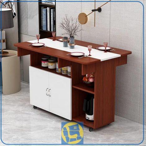 میز نهارخوری تبدیلی DTJ79 به صورت تاشو کمجا به عنوان کابینت و میز بار قفسه دار و چرخ دار در آشپزخانه و پذیرایی و کافی شاپ قرار می‌گیرد.
