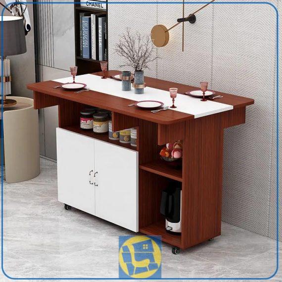 میز نهارخوری تبدیلی DTJ79 به صورت تاشو کمجا به عنوان کابینت و میز بار قفسه دار و چرخ دار در آشپزخانه و پذیرایی و کافی شاپ قرار میگیرد.