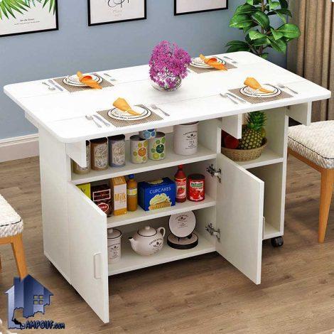 میز نهارخوری تبدیلی DTJ79 به صورت تاشو کمجا به عنوان کابینت و میز بار قفسه دار و چرخ دار در آشپزخانه و پذیرایی و کافی شاپ قرار می‌گیرد.