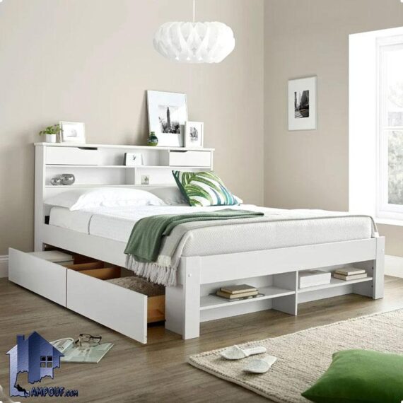 تخت خواب دو نفره DBJ184 دارای کشو و کتابخانه و جاکفشی با تاج قفسه دار به عنوان تختخواب دونفره و سرویس خواب کینگ و کوئین استفاده میشود.