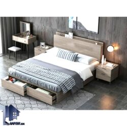 تخت خواب دو نفره DBJ186 کشو دار با دو سایز کینگ و کوئین که به عنوان تختخواب تاج دار در کنار سرویس خواب در اتاق خواب استفاده می‌شود.