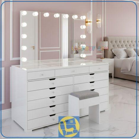 میز آرایش لامپ دار DJ613 کشو دار با صفحه شیشه ای که به عنوان دراور و کنسول و میز توالت و گریم هالیوودی در کنار سرویس خواب قرار می‌گیرد.