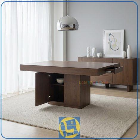 میز نهارخوری DTJ81 مستطیلی و کشو دار و کمد دار از جنس MDF روکش دار که به عنوان میز غذا خوری و ناهار خوری در آشپزخانه و پذیرایی قرار می‌گیرد.