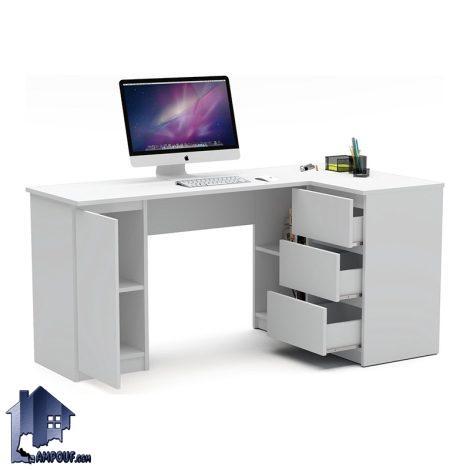 میز تحریر SDJ104 به صورت ال قفسه دار و کشو دار که به عنوان میز کامپیوتر، لپ تاپ، گیمینگ، میز کار در کنار سرویس خواب اتاق قرار می‌گیرد.