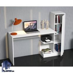 میز تحریر SDJ110 کتابخانه دار دارای کمد درب دار برای کتاب که به عنوان میز کامپیوتر و کار و لپ تاپ و گیمینگ و ترید در اتاق خواب قرار می‌گیرد.