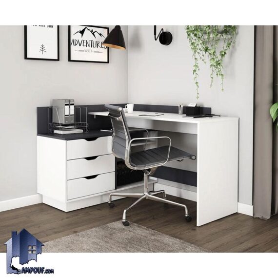 میز لپ تاپ SDJ113 کشو دار و قفسه دار فایلینگ که به عنوان میز گوشه ای، ال و میز تحریر، کامپیوتر، گیمینگ و ترید و یا میز اداری استفاده میشود.