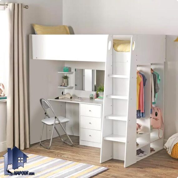 تخت خواب دو طبقه TBJ92 که به عنوان تختخواب و سرویس خواب کمجا میز تحریر دار و میز آرایش دار در اتاق خواب نوجوان و بزرگسال استفاده می‌شود.
