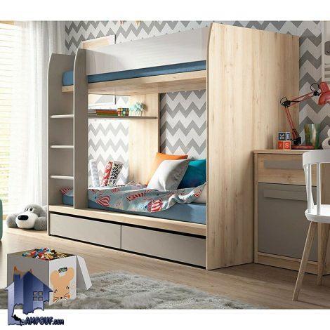 تخت خواب دو طبقه TBJ94 کشو دار و قفسه دار که به عنوان سرویس خواب و تختخواب دوطبقه کمجا در اتاق بزرگسال و نوجوان استفاده می‌شود.