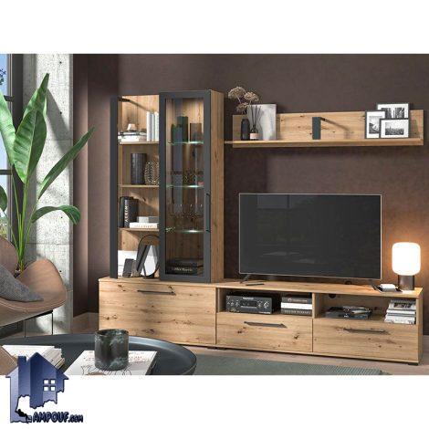 میز تلویزیون مدل TTJ111 با درب جکدار داشبوردی و کشو و قفسه ویترین دار به عنوان زیر تلویزیونی و استند ال سی دی LCD در تی وی روم قرار می‌گیرد.