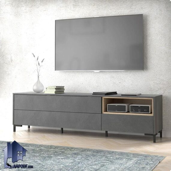 میز تلویزیون مدل TTJ112 دارای قفسه و کشو دار با پایه فلزی که به عنوان زیر تلویزیونی و استند ال سی دی در تی وی روم و پذیرایی قرار میگیرد.