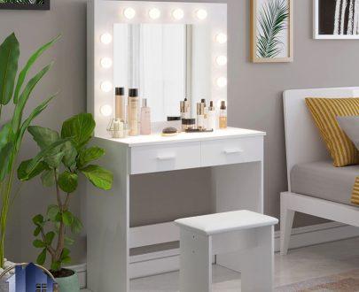 میز آرایش لامپ دار DJ625 دارای کشو که به عنوان میز توالت، گریم، یا کنسول و دراور آینه دار چراغ دار در کنار سرویس خواب در اتاق قرار می‌گیرد.