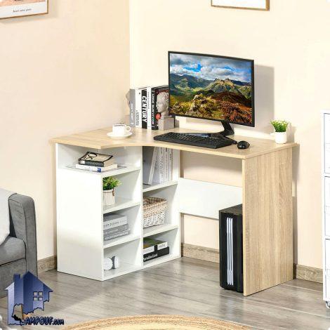 میز کامپیوتر SDJ118 گوشه ای و کنجی کمجا دارای قفسه که به عنوان میز لپ تاپ، تحریر و میز کار و گیمینگ ئر کنار سرویس خواب در اتاق بکار میرود.